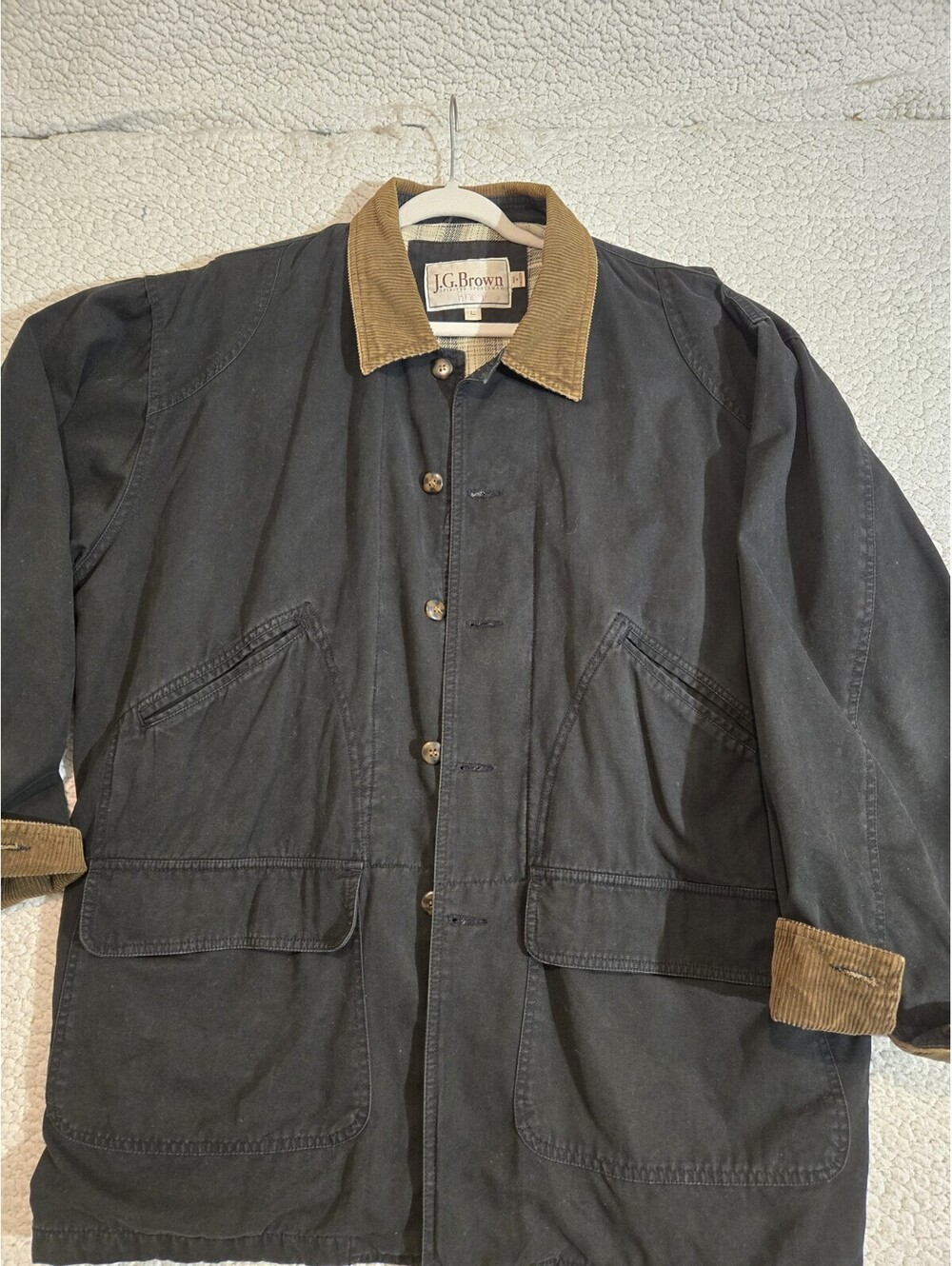 J G Brown Chore Jacket Sz L Mens 💯 cotton Black Corduroy Cuffs And Collar